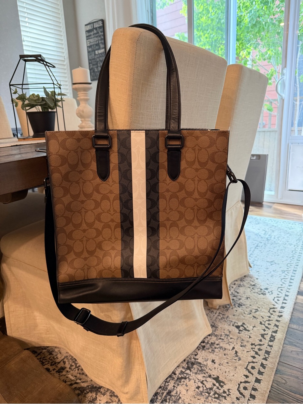 Coach Brown Signature Stripe Messenger Tote with Black Trim